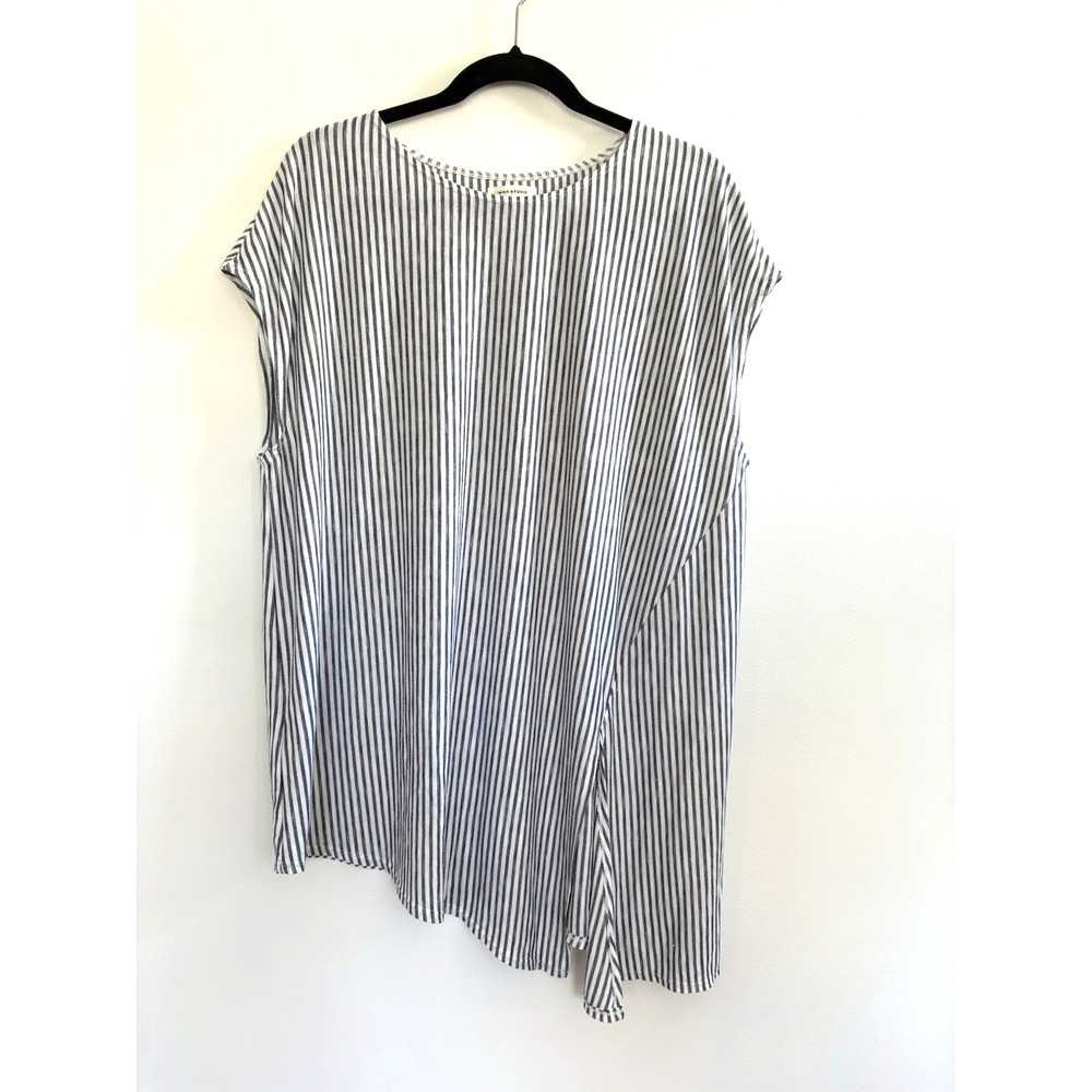 Max‎ Studio Navy White Striped Asymmetrical Hem Tunic Sleeveless Top 9W04S74 L